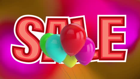 animación de globos coloridos que flotan sobre el banner de texto de venta contra un fondo de gradiente