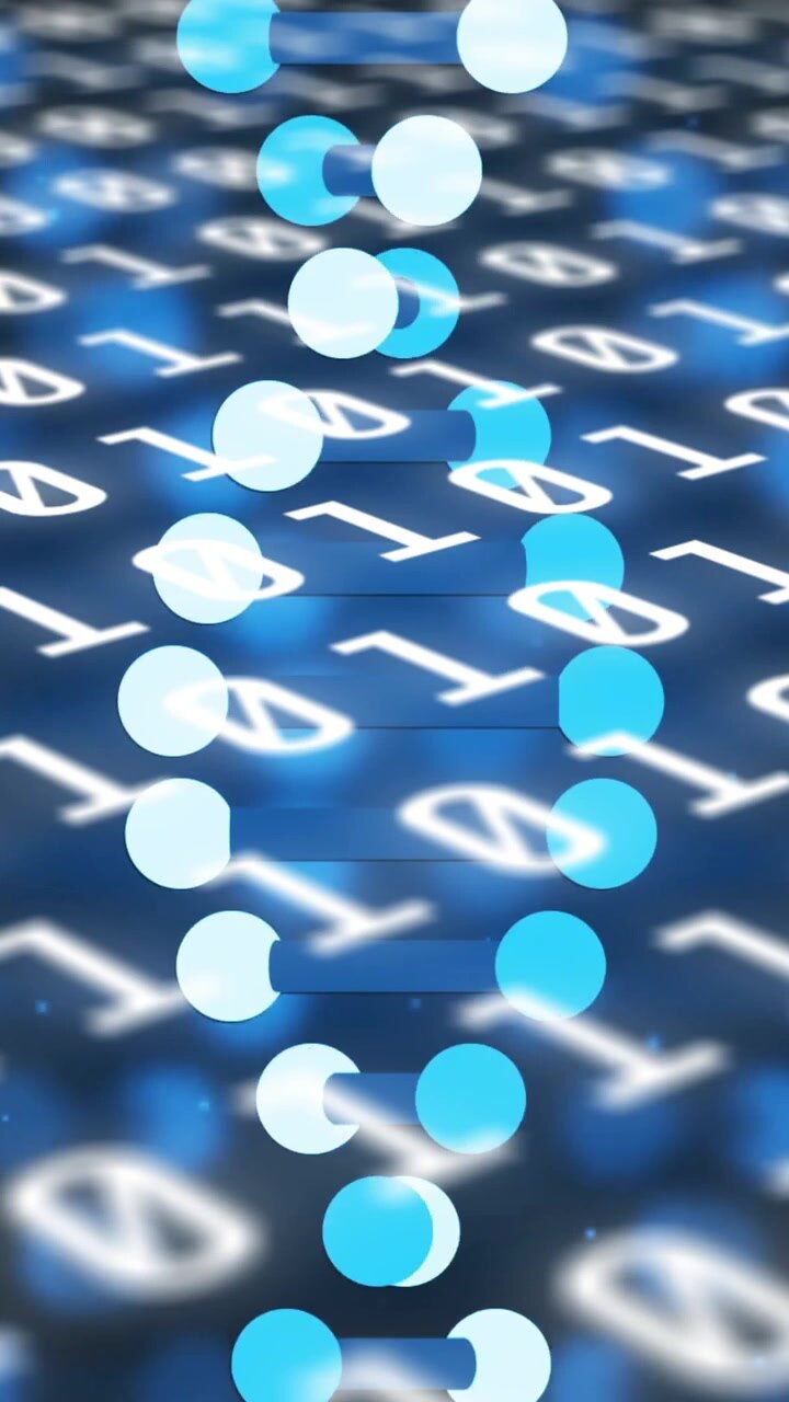 Animation of dna strand over data processing on black background