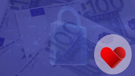 animation des digitalen vorhängeschlosses und des herzens über banknoten