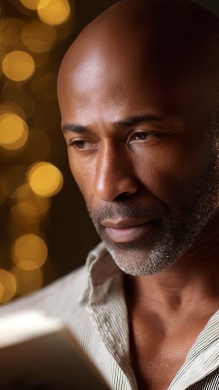 A contemplative man engrossed in reading, highlighted by warm bokeh lights in the background, evoking a sense of peace and reflection in the moment