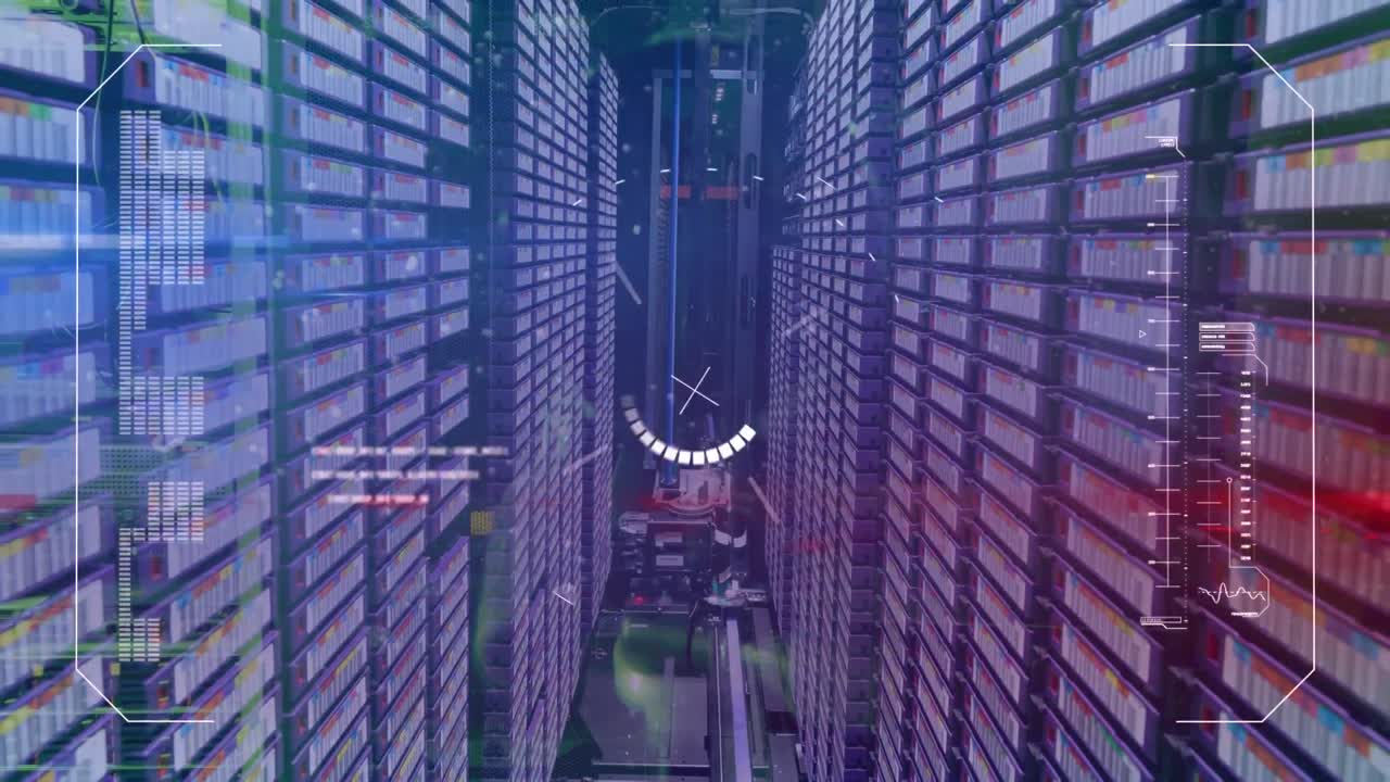 Animation of data processing and loading circle over server room