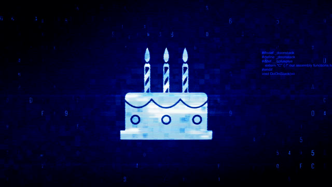 símbolo de pastel de cumpleaños animación de error de ruido de píxeles digitales.