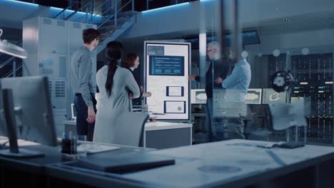 engineers meeting in technology research laboratory: female engineer leads presentation writes on interactive digital whiteboard, shows machine blueprint, data analytics and neural network while colleagues listening