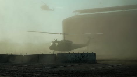 Two-Helicopters-Epic-Landing.-Dust.-Military-Air-Transportation