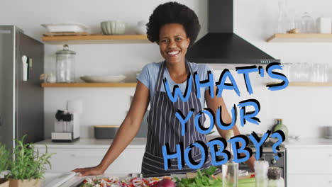 animación de cuál es tu pasatiempo texto sobre mujer afroamericana preparando verduras en la cocina