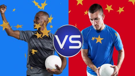 Animation-of-stars-and-vs-text-over-two-diverse-male-rugby-players-with-balls
