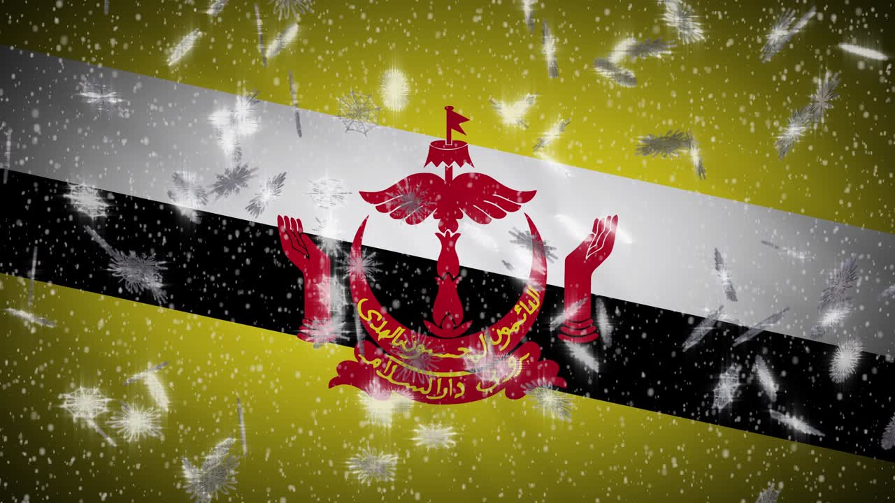 Brunei flag falling snow loopable, New Year and Christmas background, loop