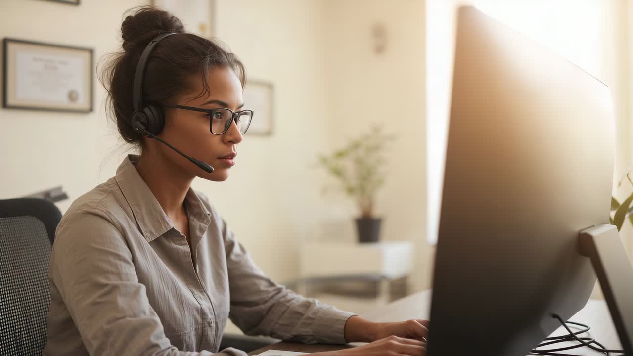Frau mit Brille und Bluse nimmt Anruf entgegen, spricht ins Headset und tippt am Schreibtisch, um zu assistieren