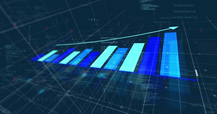 Blue bar appearing, eight bars forming rising data growth, cyan arrow growing over drifting code