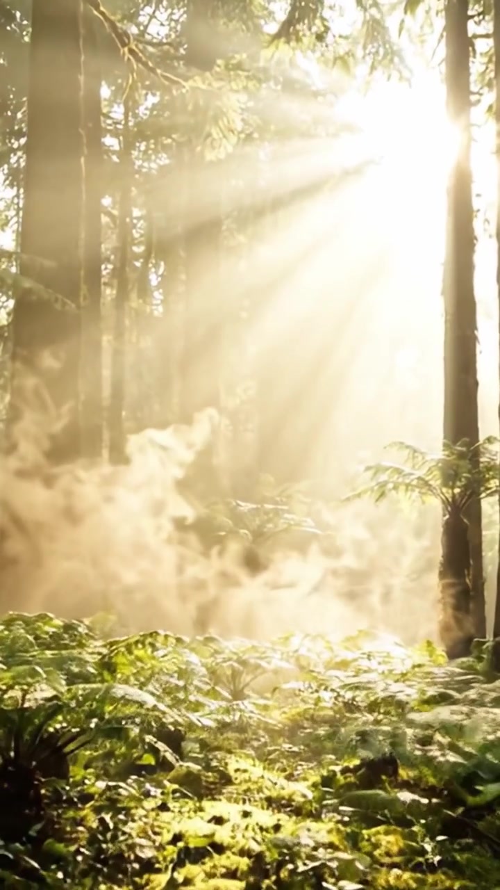 Uma interação hipnotizante de luz solar e névoa filtra-se através da exuberante folhagem verde da floresta, criando uma atmosfera serena e tranquila nesta cena vibrante e cheia de natureza.