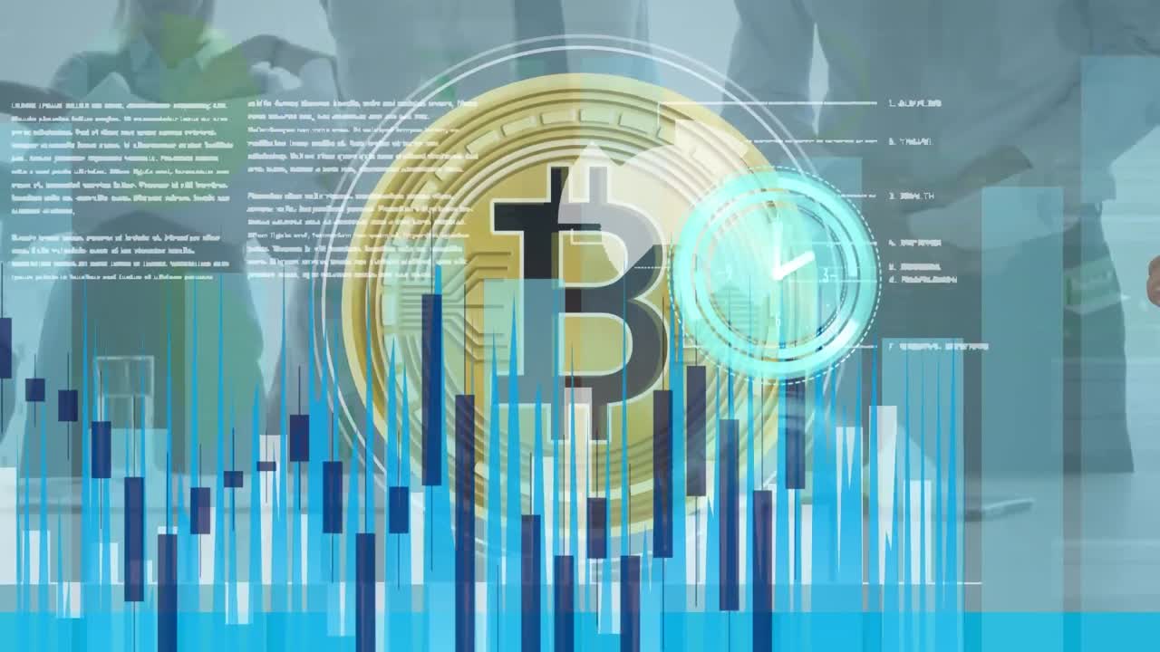 animación de reloj que se mueve rápido, bitcoin y procesamiento de datos financieros
