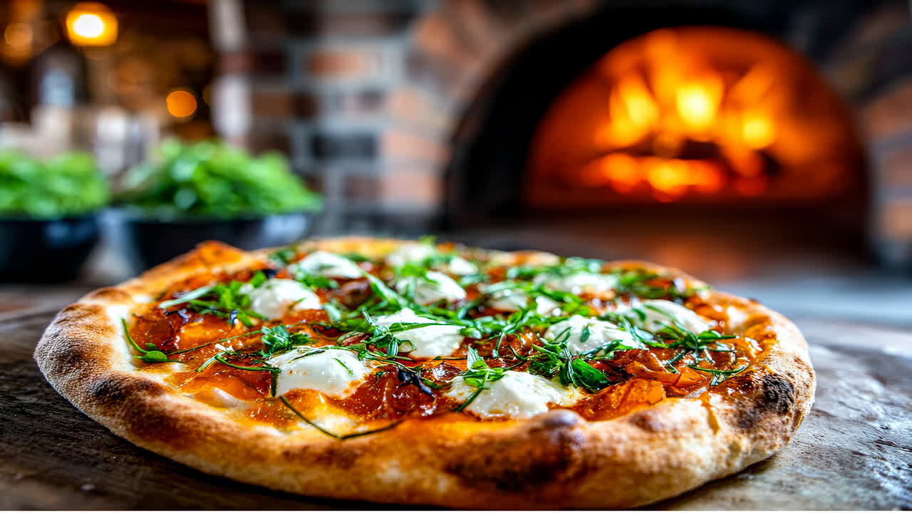 Pizza cotta nel forno a legna, semplicemente deliziosa! Pizza appena sfornata con erbe aromatiche e formaggio, cotta in forno a legna, con un caldo sfondo rustico.