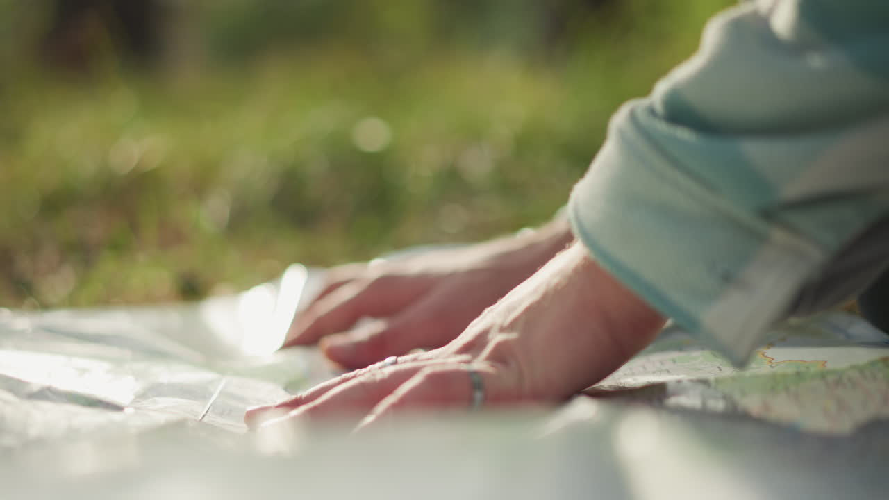 Finger Guidance on Sunlit Meadow Map, Mapping and Route Planning Under Bright Sunlight with Touch, Detailed Hand Tracing on Textured Paper for Accurate Navigation and Route Analysis