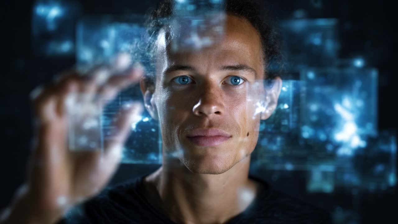 Futuristisk interaktion: En ung mand interagerer med transparente holografiske skærme og analyserer information via berøring i et digitalt miljø.
