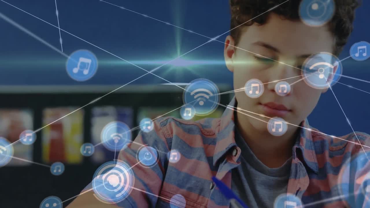 animación de la red de conexiones con iconos sobre el estudiante caucásico