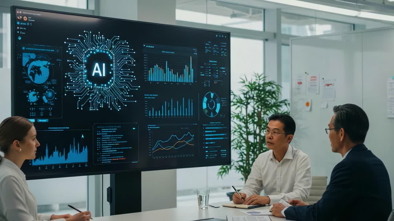 A collaborative business meeting focused on artificial intelligence solutions, showcasing data analytics and emerging technology insights on a large interactive screen