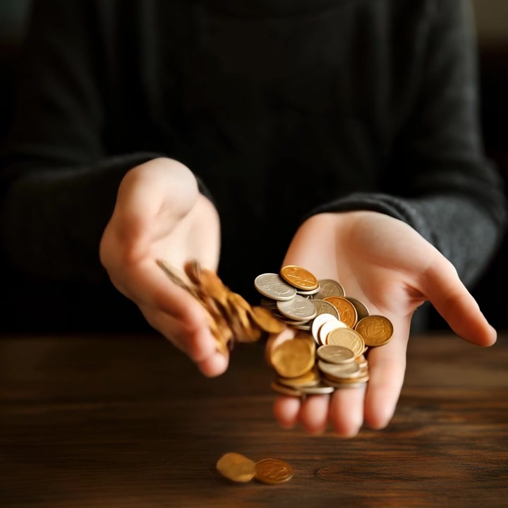 Mãos de uma pessoa jogando moedas em uma mesa de madeira