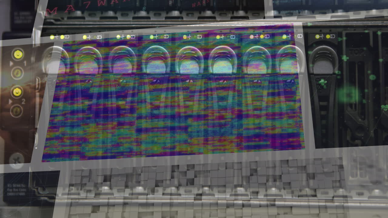 복합 화면에서 재생되는 다채로운 클립을 통해 컴퓨터 서버에서  ⁇ 박이는 불빛의 애니메이션