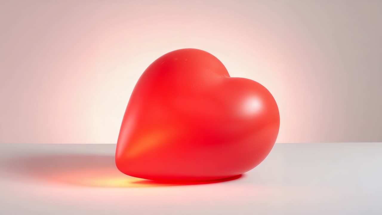 Studio di illuminazione iniziale sotto l'oggetto a forma di cuore rosso che crea un bagliore pulsante per evidenziare il cuore sul tavolo bianco
