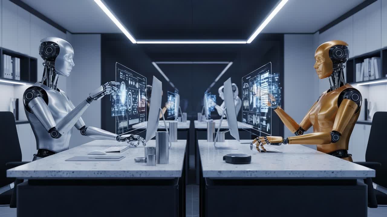 A Futuristic Workspace Featuring Advanced Robotics: Two Distinct Robots Collaborating in a High-Tech Office with Digital Interfaces and Modern Desks