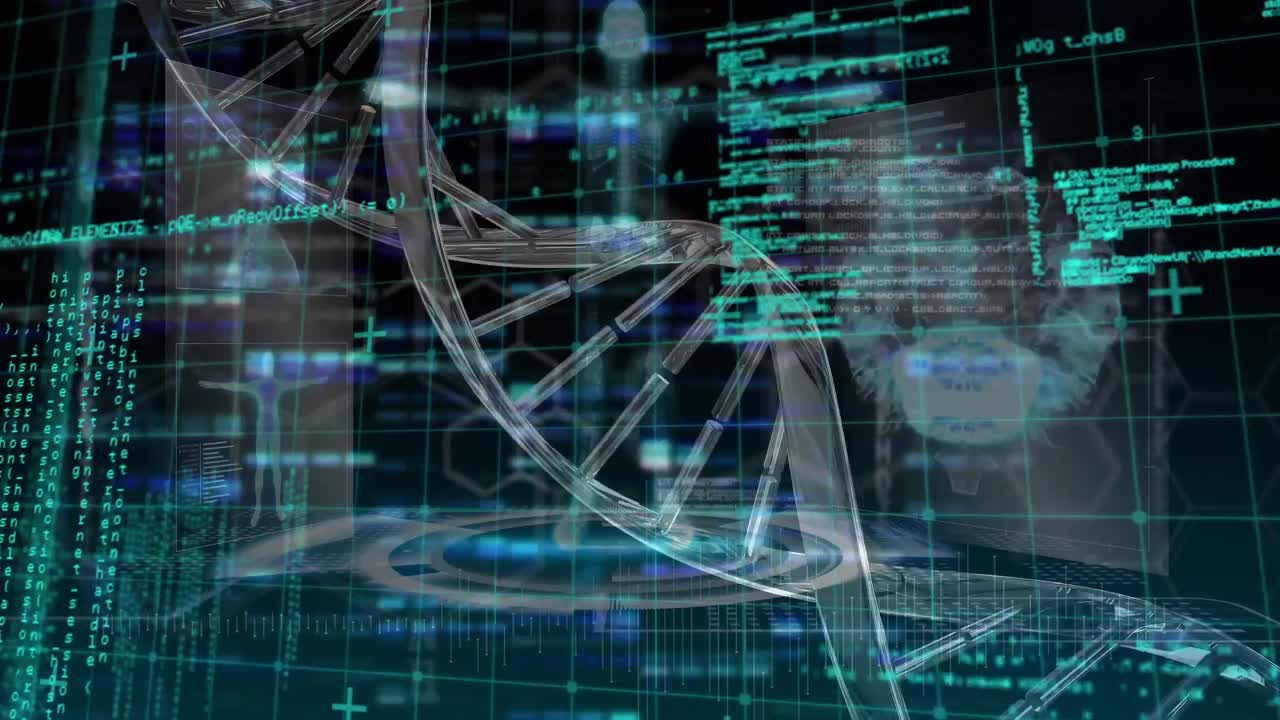 Animation of dna strand and data processing over black background