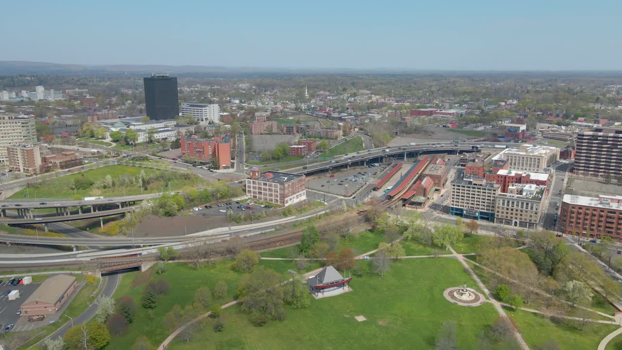 Aerial view of the interstate-freeway road passing through downtown Hartford Connecticut.
