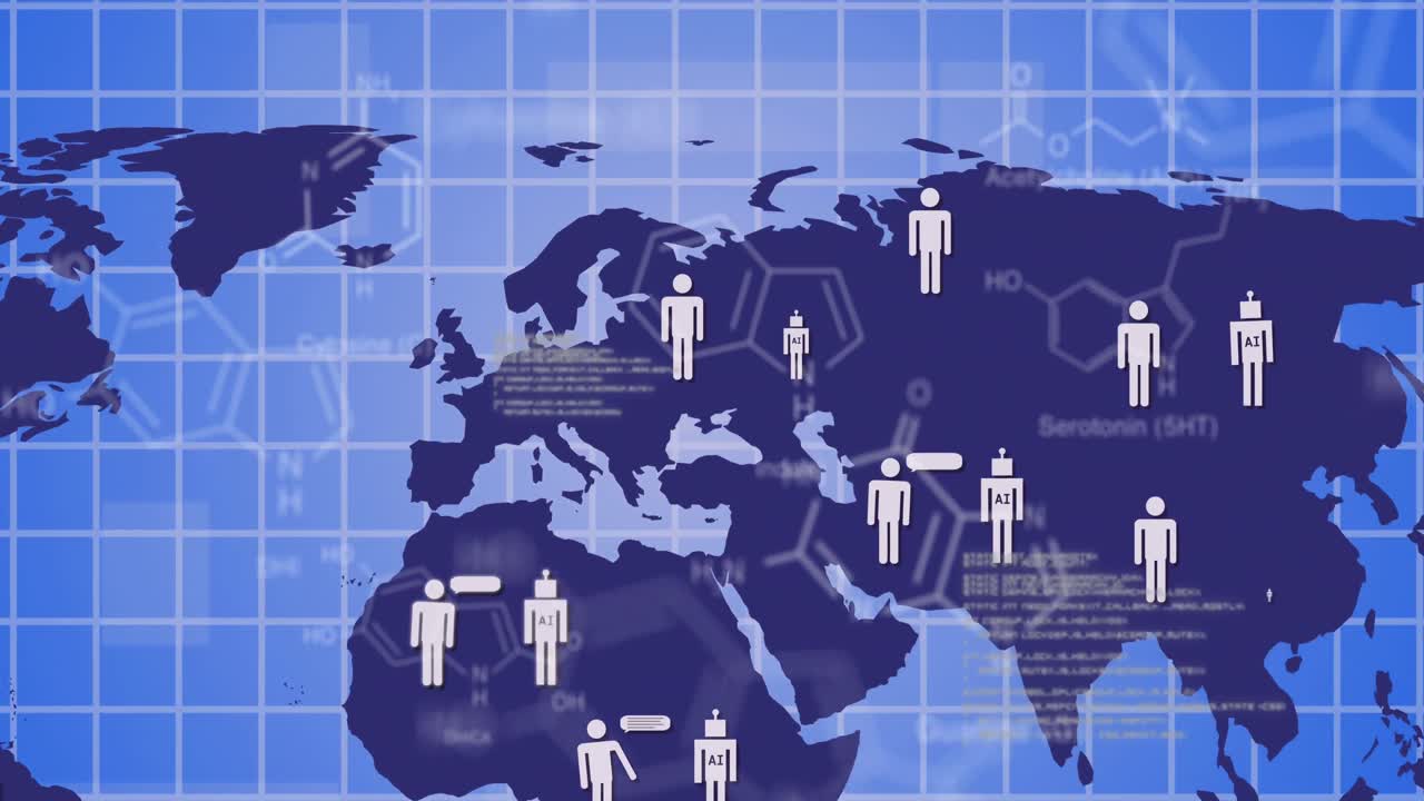 그리드 및 세계 지도를 통해 ai 데이터 처리의 애니메이션