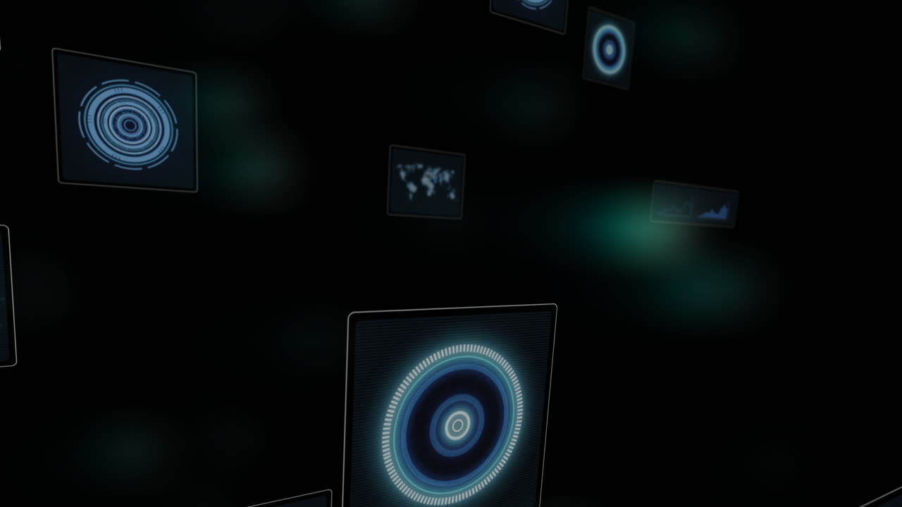 Animation of scopes and data processing over globe and dark background