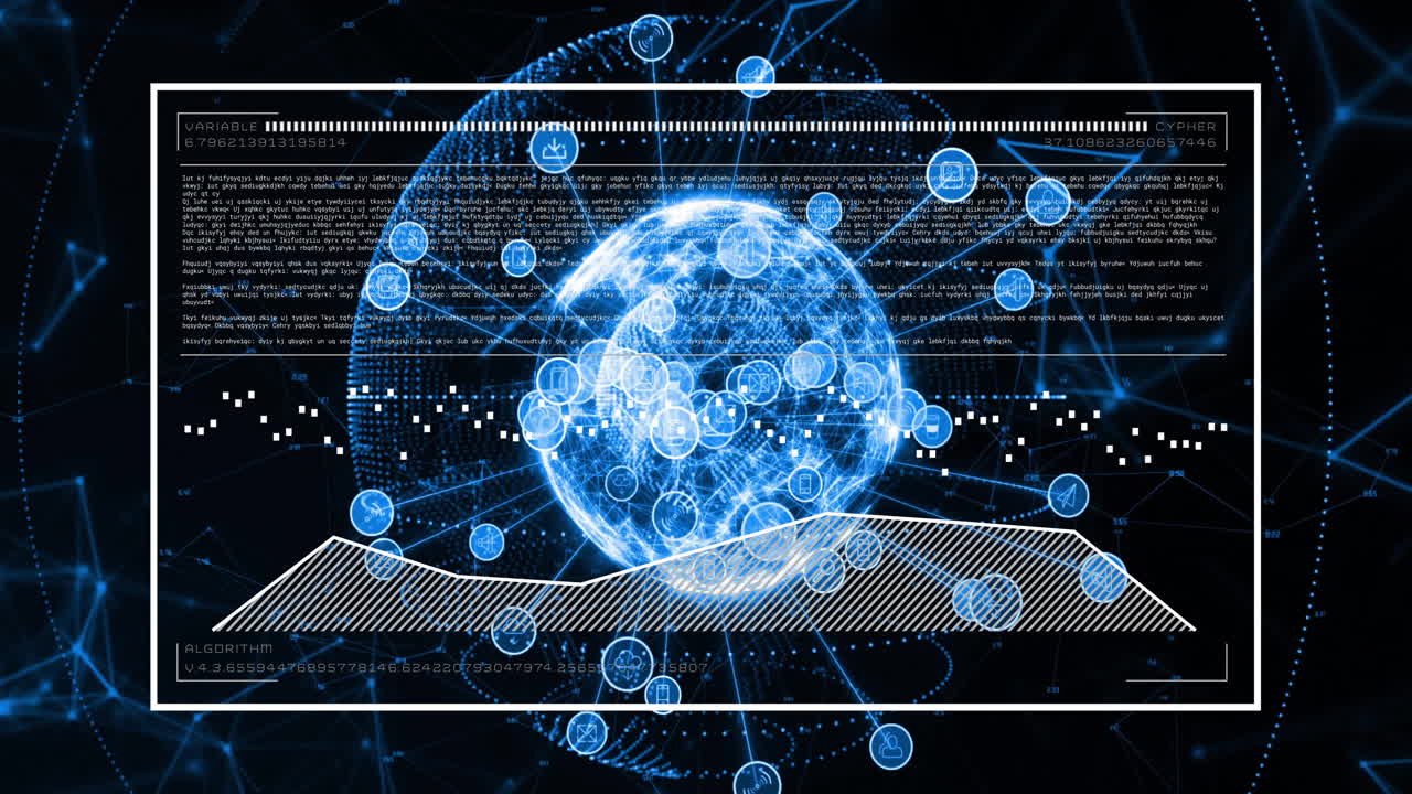 Digital globe with data points and binary coding, global network animation