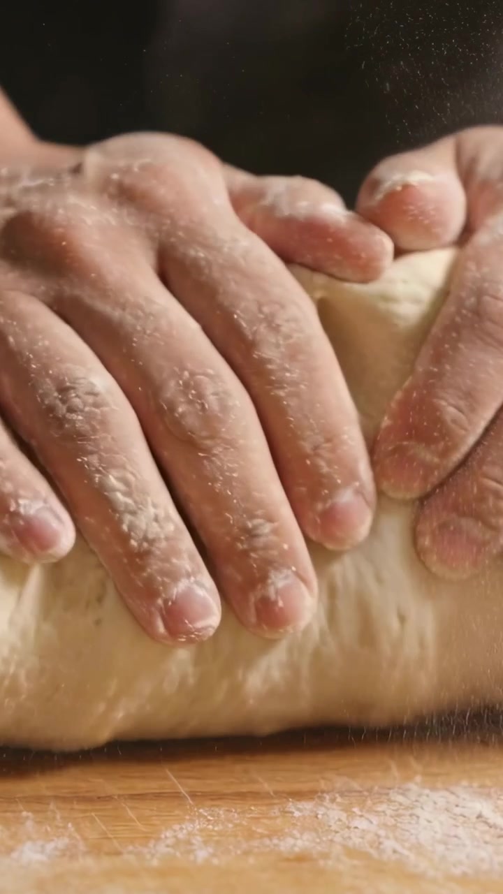 Video verticale: Premendo il palmo, mani infarinate che impastano e modellano l'impasto su un tagliere in cucina
