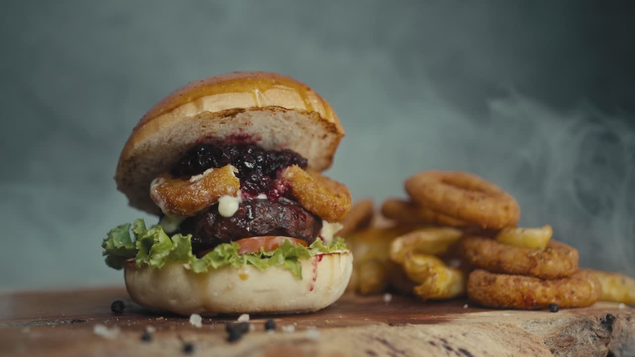 Yummy Burger with Fries and Onion Rings