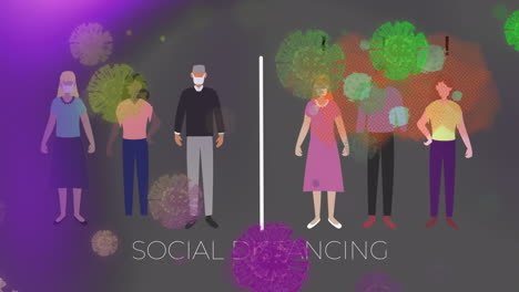 social distancing text and multiple covid-19 cells against people maintaining social distancing