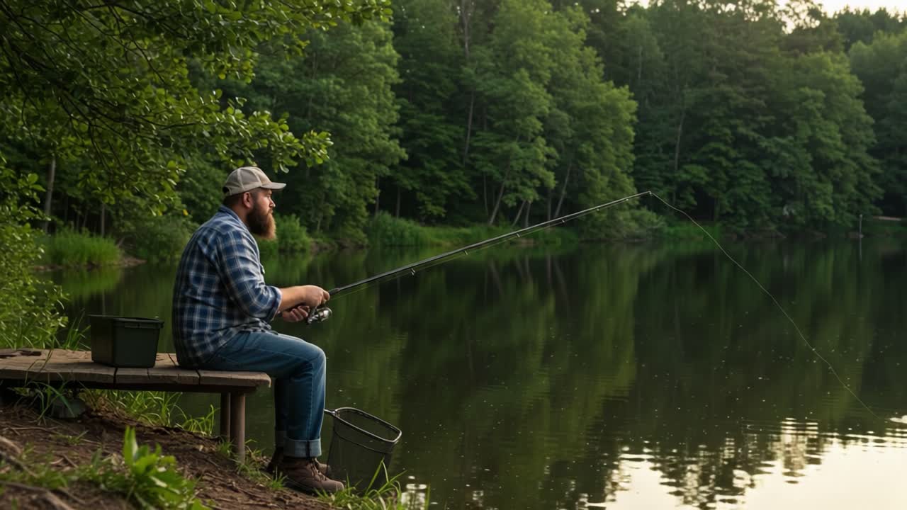 Pria Memancing di Tepi Danau di Alam