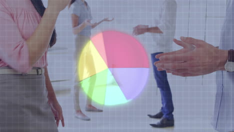 pie graph over grid network against mid section of businessman and businesswoman shaking hands