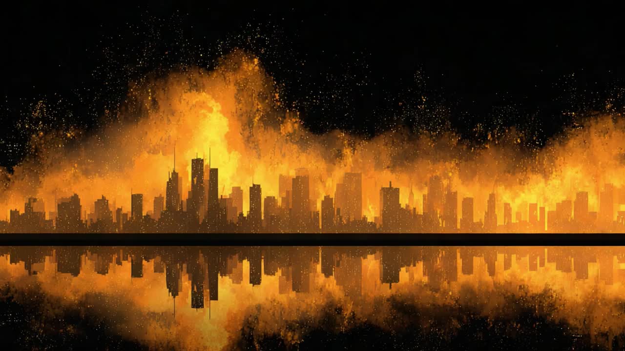 A Dramatic Contrast of Urban Landscape Against a Fiery Orange Skyline, Showcasing the Power of Nature and its Impact on Modern Cities in an Abstract Representation