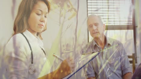 Digital-animation-of-tall-grass-moving-in-the-wind-against-female-doctor-writing-on-clipboard-and-se