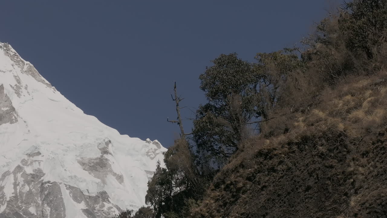 Nepal Drone shot reveals bright snowy mountain range of Langtang National Park landscape blue sky peaceful mountaineering aspects of Nepali tourism in Himalayas, adventurous trekking