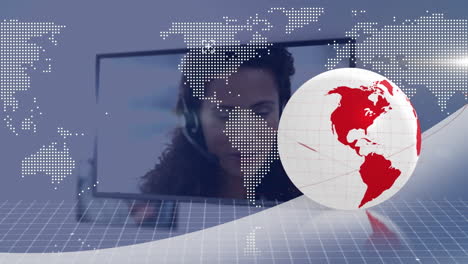 animation of globe over business people using phone headsets