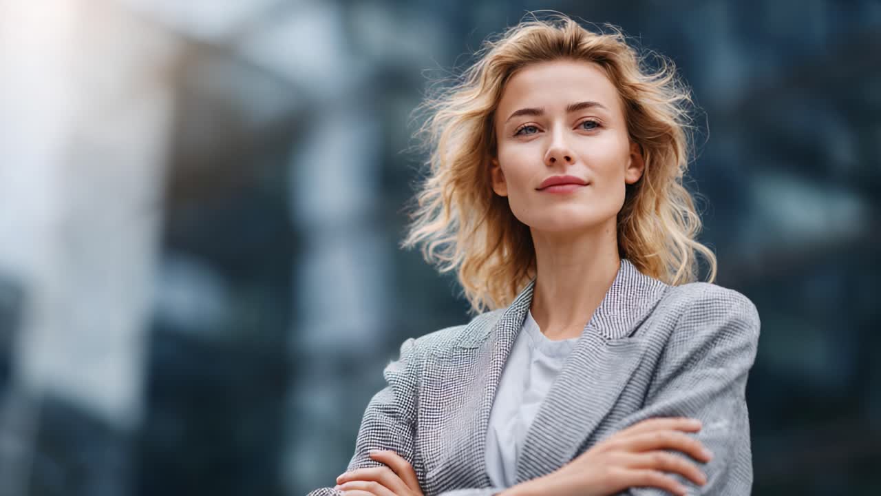 Confident Businesswoman with Curly Hair Posing Against a Modern Urban Background, Radiating Positivity and Professionalism, Emphasizing Leadership and Determination