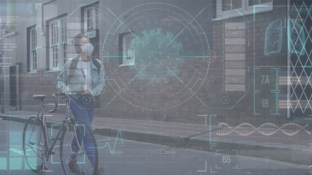 la animación representa el escaneo de células de covid-19 sobre una mujer enmascarada en el concepto de pandemia.