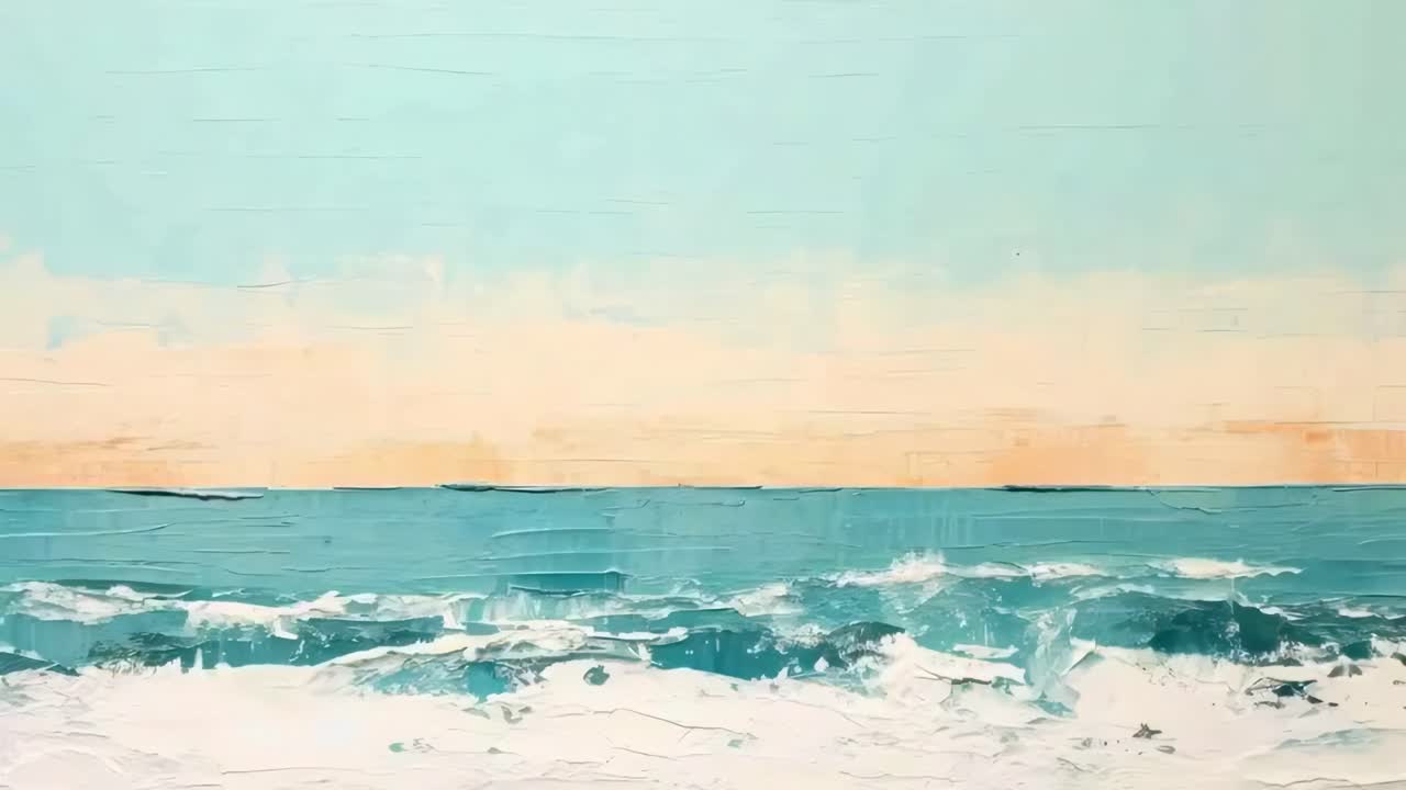 A serene seascape painting with textured brushstrokes captures gentle waves under a pastel sky