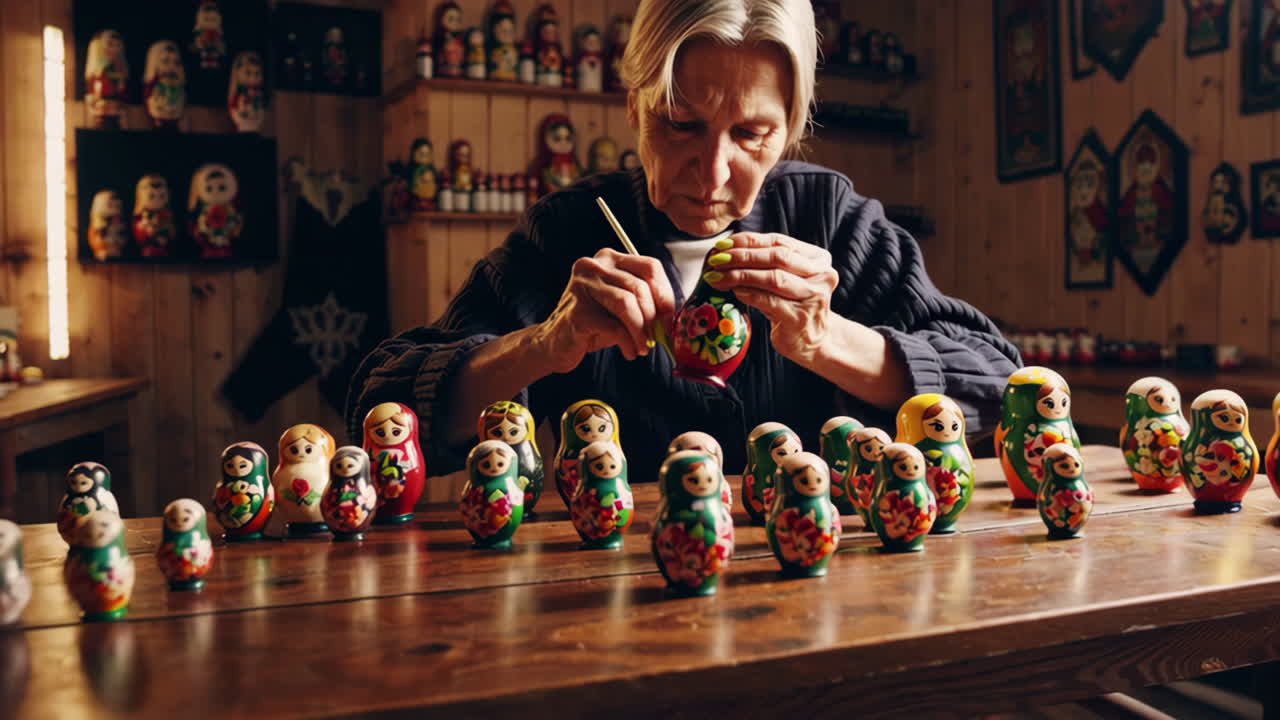 Elderly Woman Painting Russian Nesting Dolls