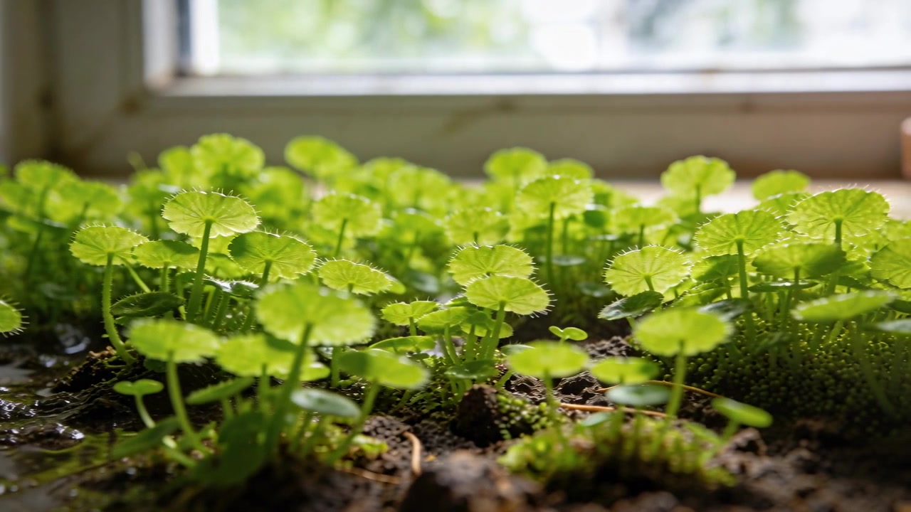 Cámara haciendo un paneo después de abrir el marco, revelando plantas densas de hojas redondas en el alféizar de la ventana con musgo