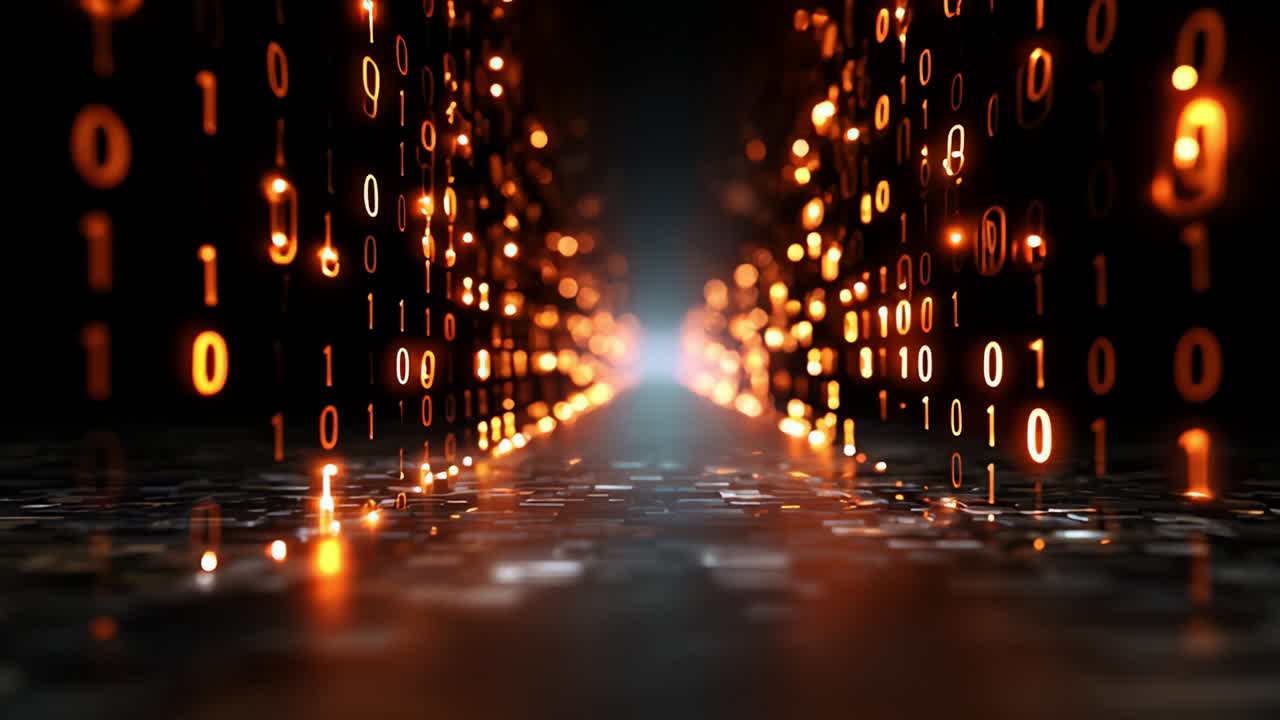 A mesmerizing digital pathway illuminated by cascading streams of binary code in vibrant orange and gold hues, creating an otherworldly atmosphere filled with possibilities and futuristic visions