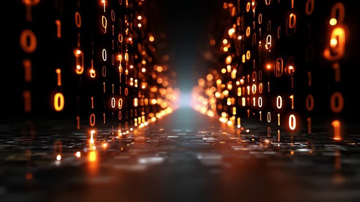 A mesmerizing digital pathway illuminated by cascading streams of binary code in vibrant orange and gold hues, creating an otherworldly atmosphere filled with possibilities and futuristic visions