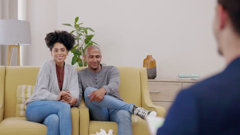 therapy, happy and couple on sofa for consulting