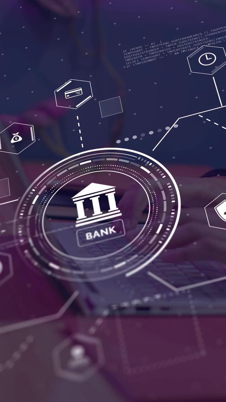 Vertical video: Man typing starting bank hologram above laptop and animating icons for banking