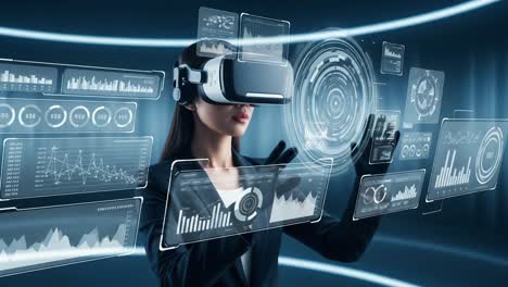 exploring virtual reality: a professional engaging with advanced data interfaces and interactive graphs through immersive vr technology