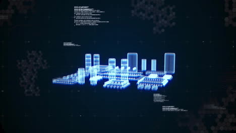 digital data processing animation over futuristic cityscape with text and hexagonal patterns