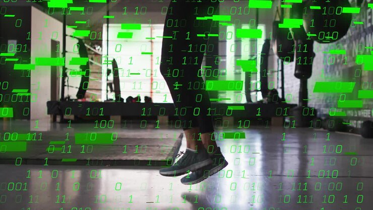 Woman bouncing on floor and shifting weight while green binary code cascading for fitness analytics